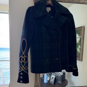 Ralph Lauren Blackwatch Navy and Green Pea Coat with Gold Accents